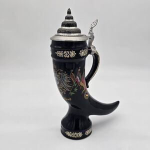 King Original Germany Horn Beer Stein Deutschland Pewter Lid Black Ceramic